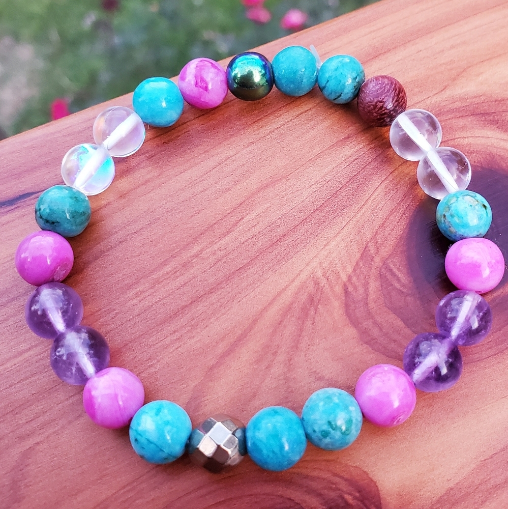 Jade, Amethyst, Hematite, Qtz & Wood Bead Bracelet